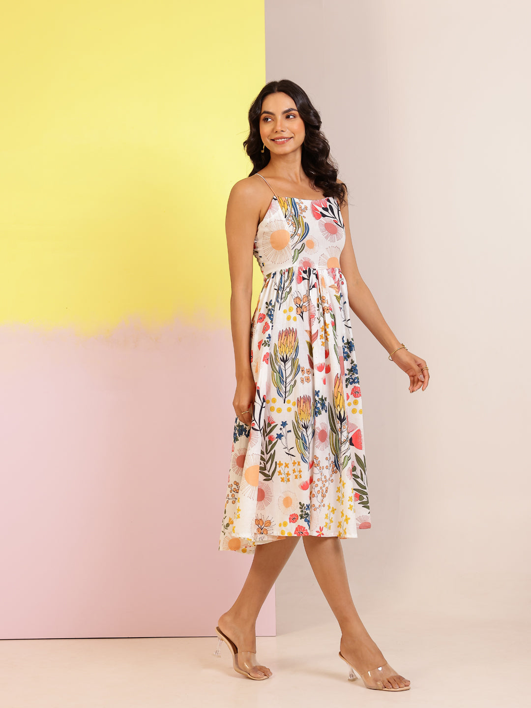 Off White Cotton Round Neck Printed Dress for Women