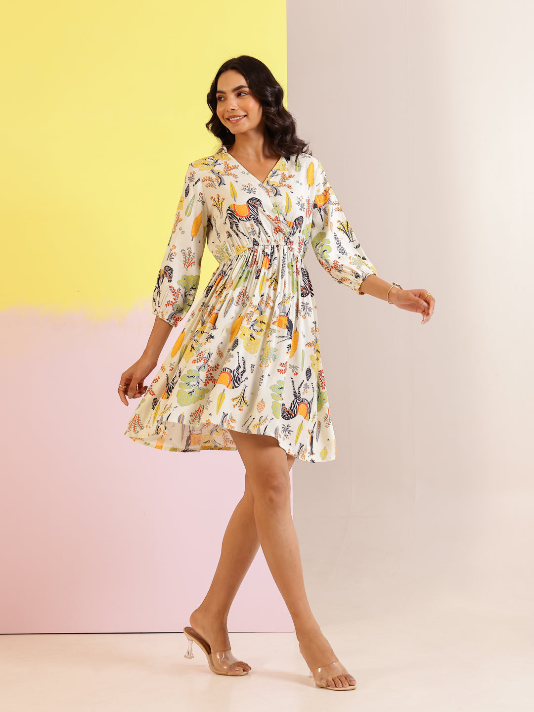 Off White Color Floral Printed Viscose Rayon dress for women