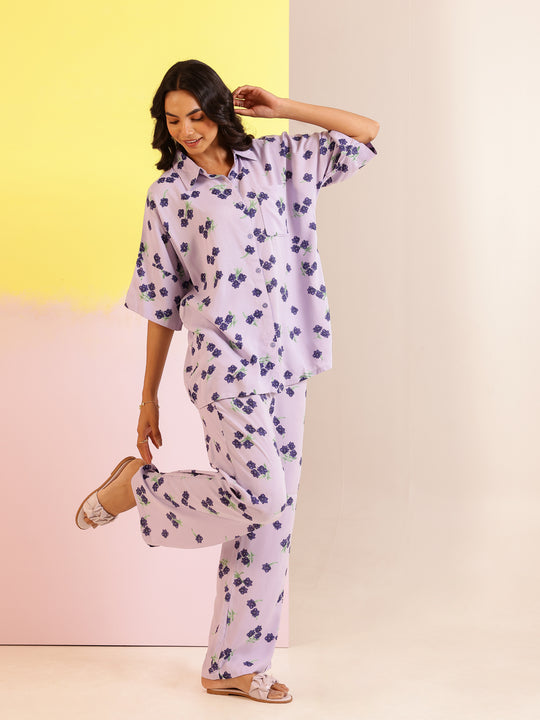 Lavender Color Floral Printed Viscose Rayon Night Suit
