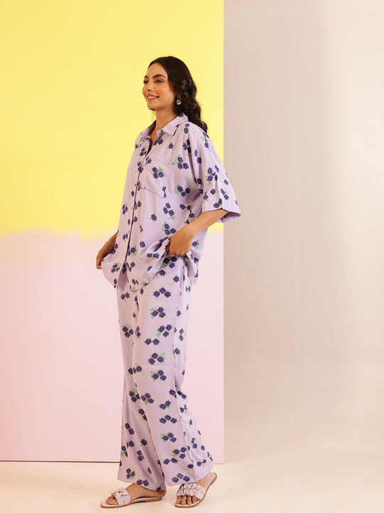 Lavender Color Floral Printed Viscose Rayon Night Suit