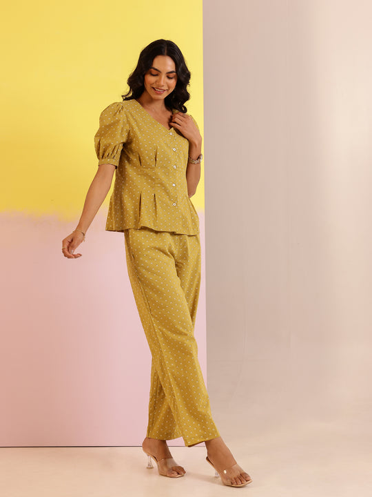 White Mandarin Collar Pure Cotton Printed Co-ords Set for Women