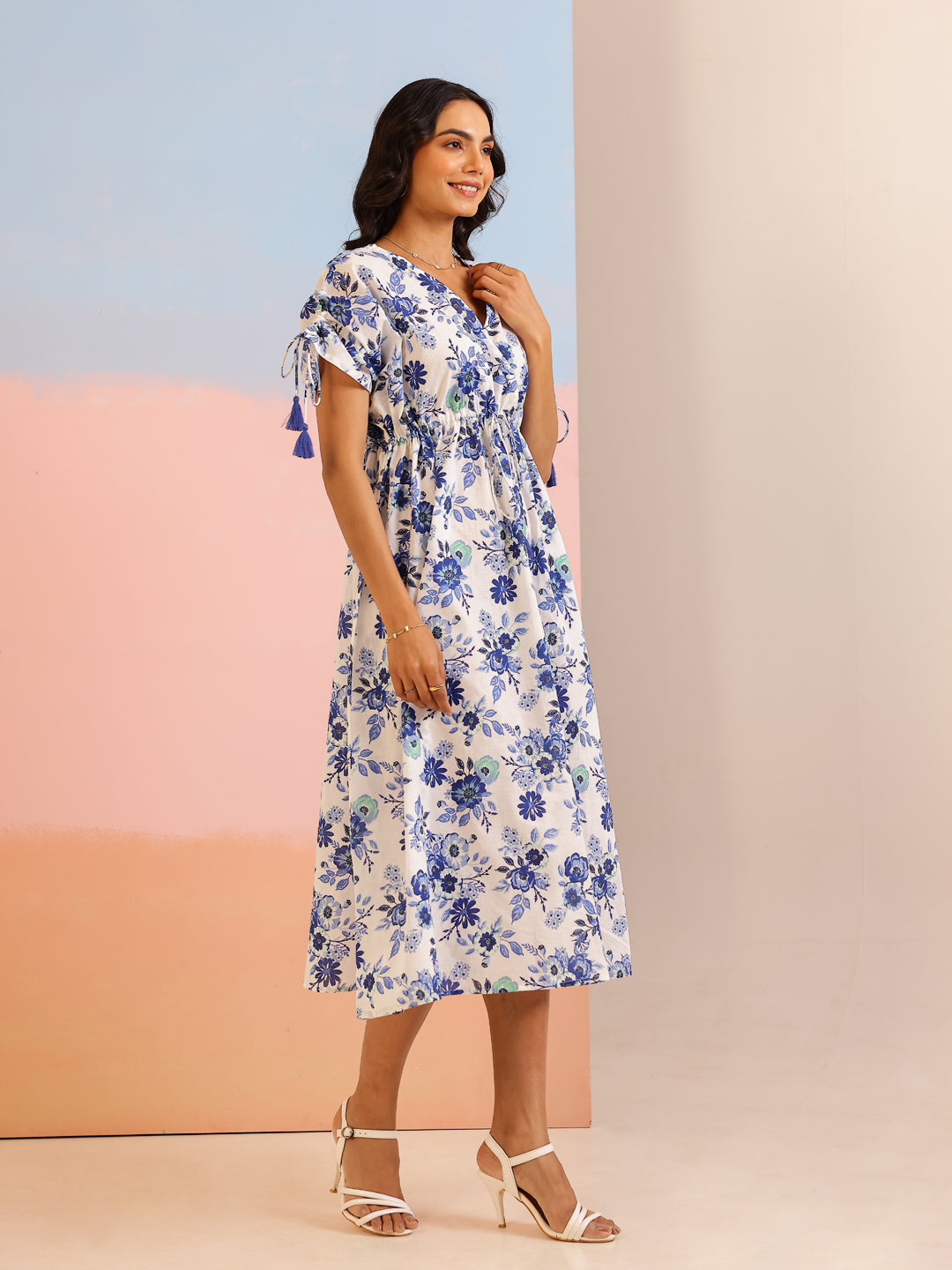 Blue Color Floral Printed Cotton Dress For Women