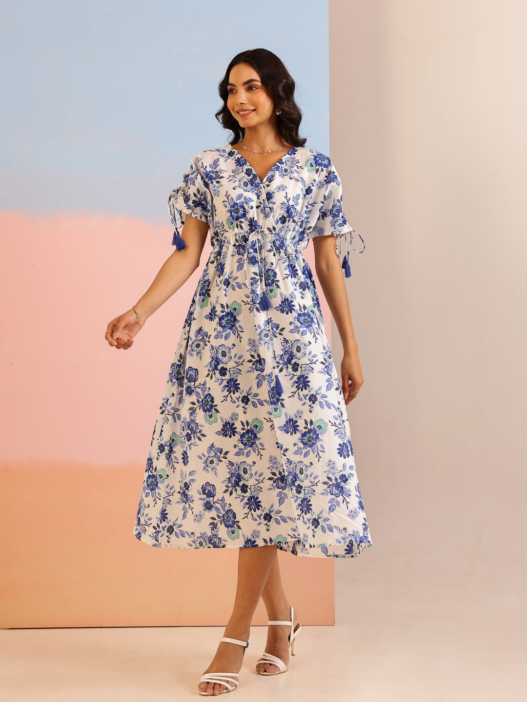 Blue Color Floral Printed Cotton Dress For Women