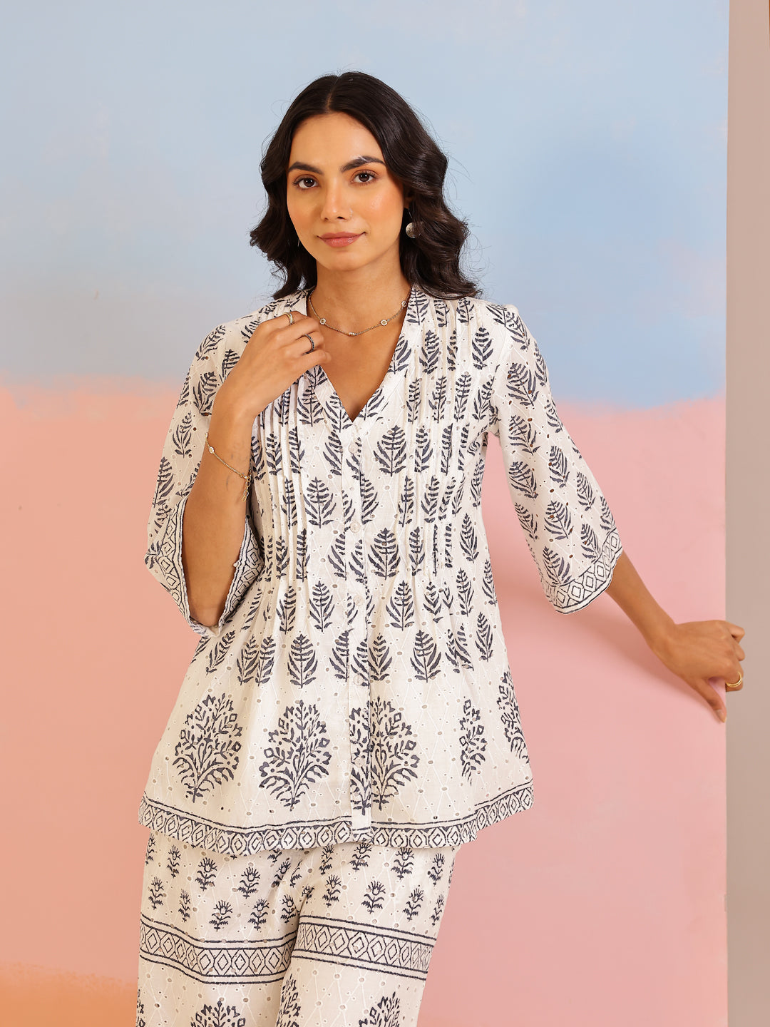 White Floral Printed Cotton Co-ord Set