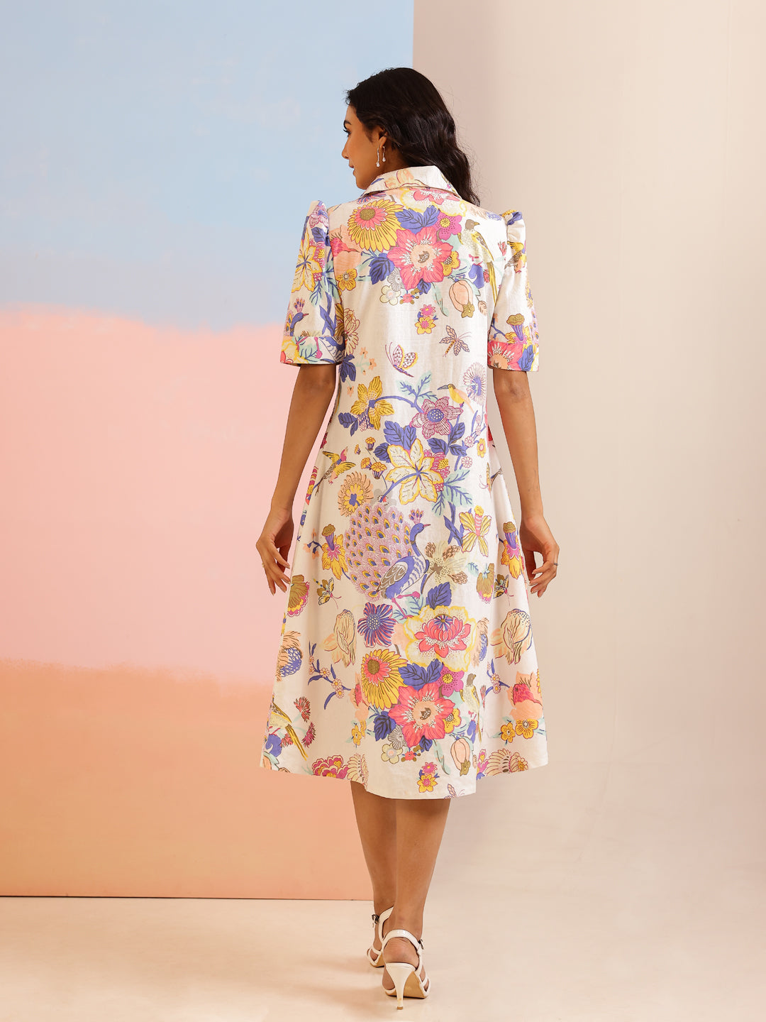 White Color Floral Printed Cotton dress for women