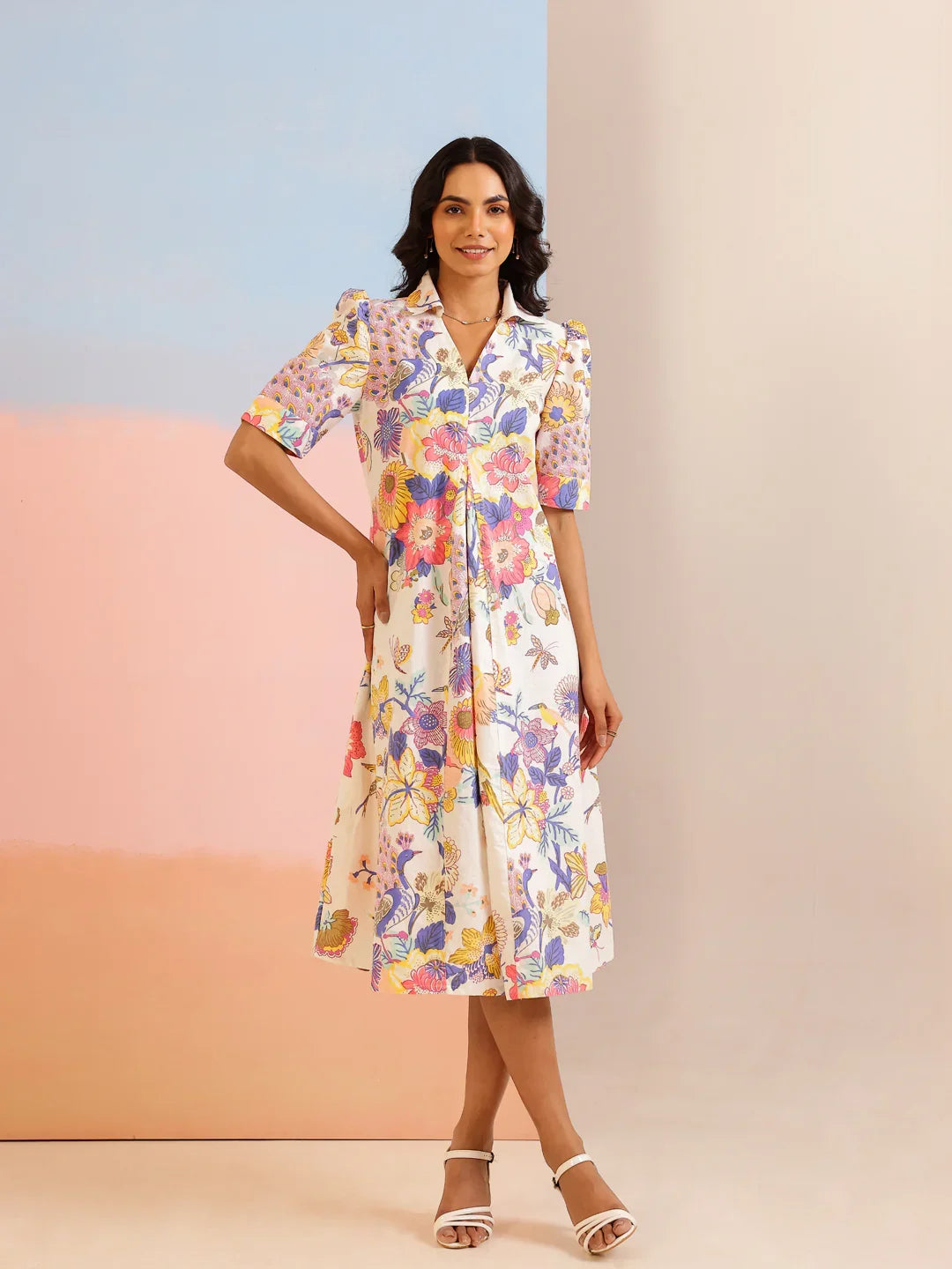 White / XS White Color Floral Printed Cotton Dress For Women