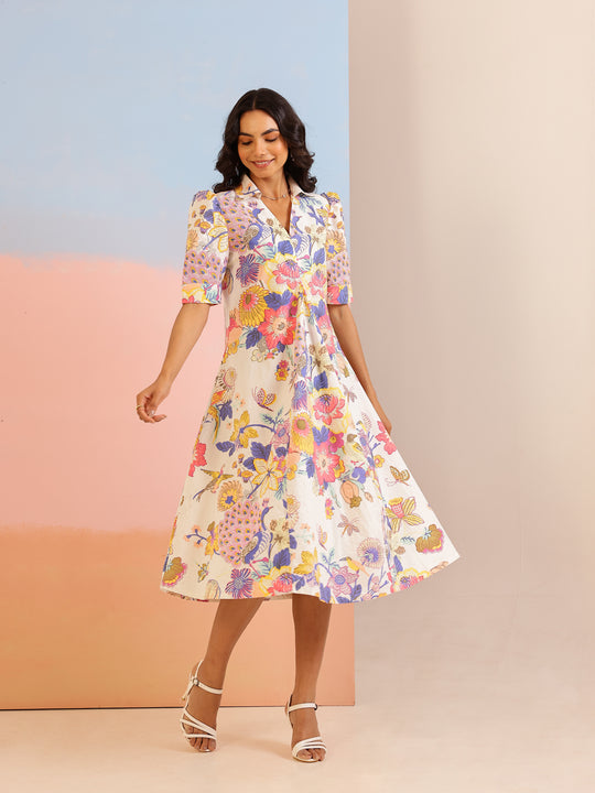 White Color Floral Printed Cotton dress for women