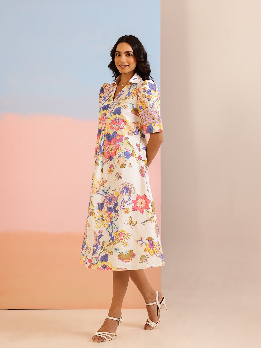 White Color Floral Printed Cotton dress for women