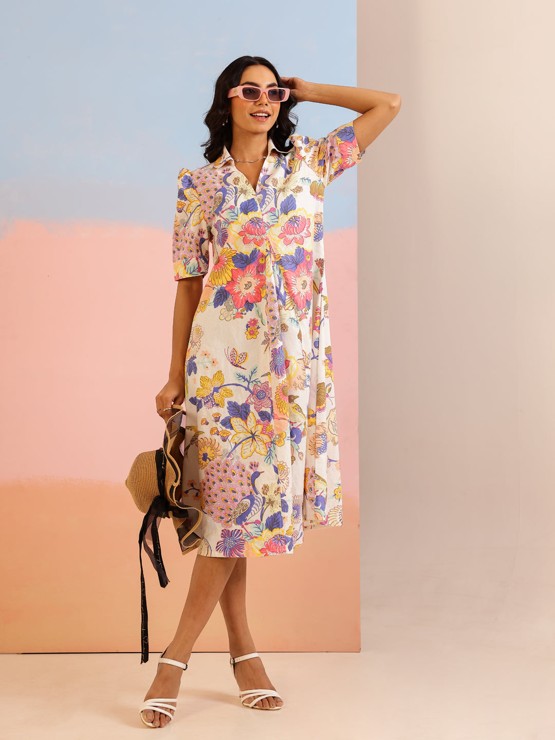 White Color Floral Printed Cotton dress for women