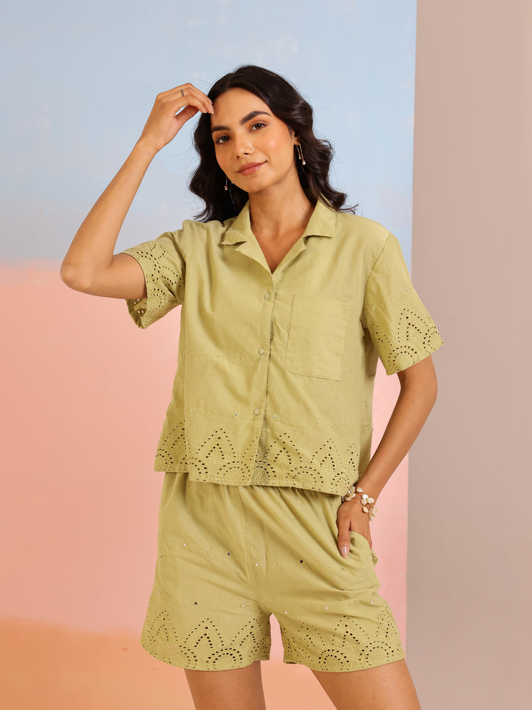 Green Shirt Collar Pure Cotton Embroidered Co-ords Set for Women