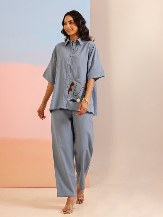 Blue Shirt Collar Pure Cotton Solid Co-ords Set for Women