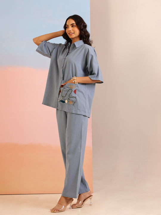 Blue Shirt Collar Pure Cotton Solid Co-ords Set for Women