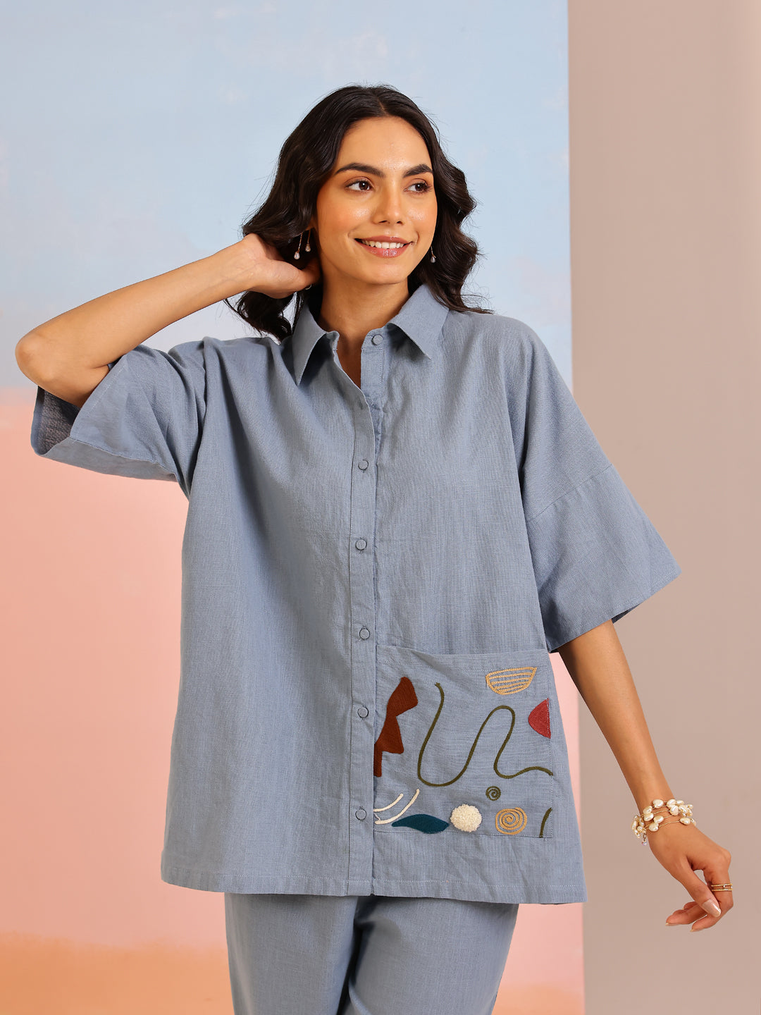 Blue Shirt Collar Pure Cotton Solid Co-ords Set for Women