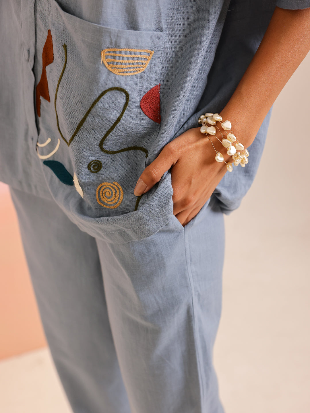Blue Shirt Collar Pure Cotton Solid Co-ords Set for Women