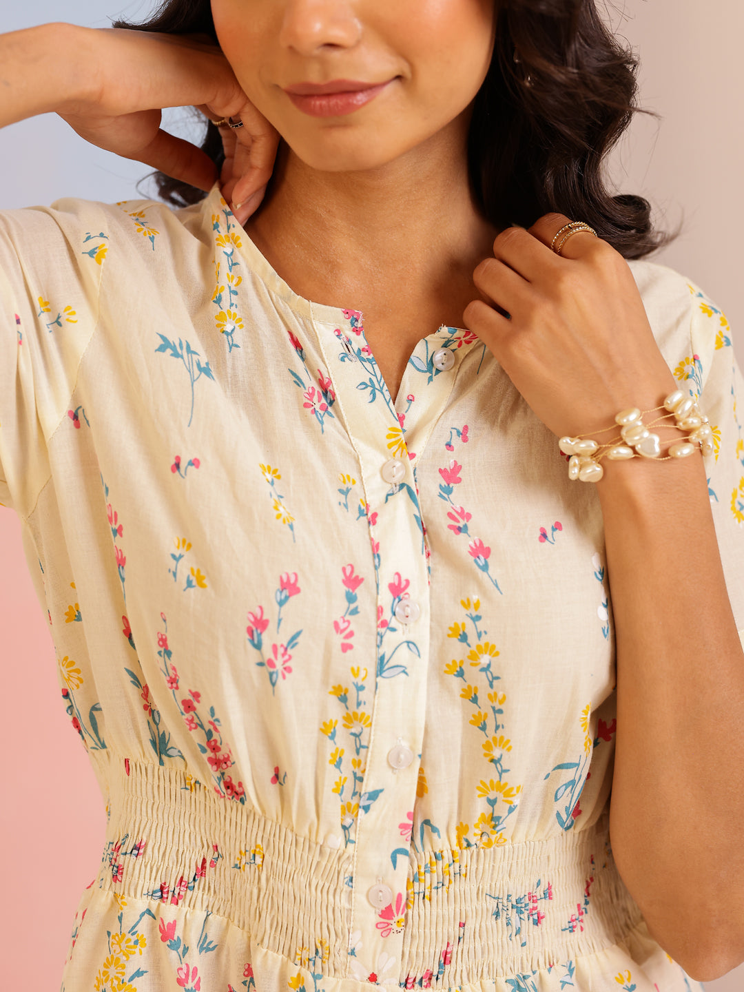 Cream Cotton V-Neck Jump Suit for Women