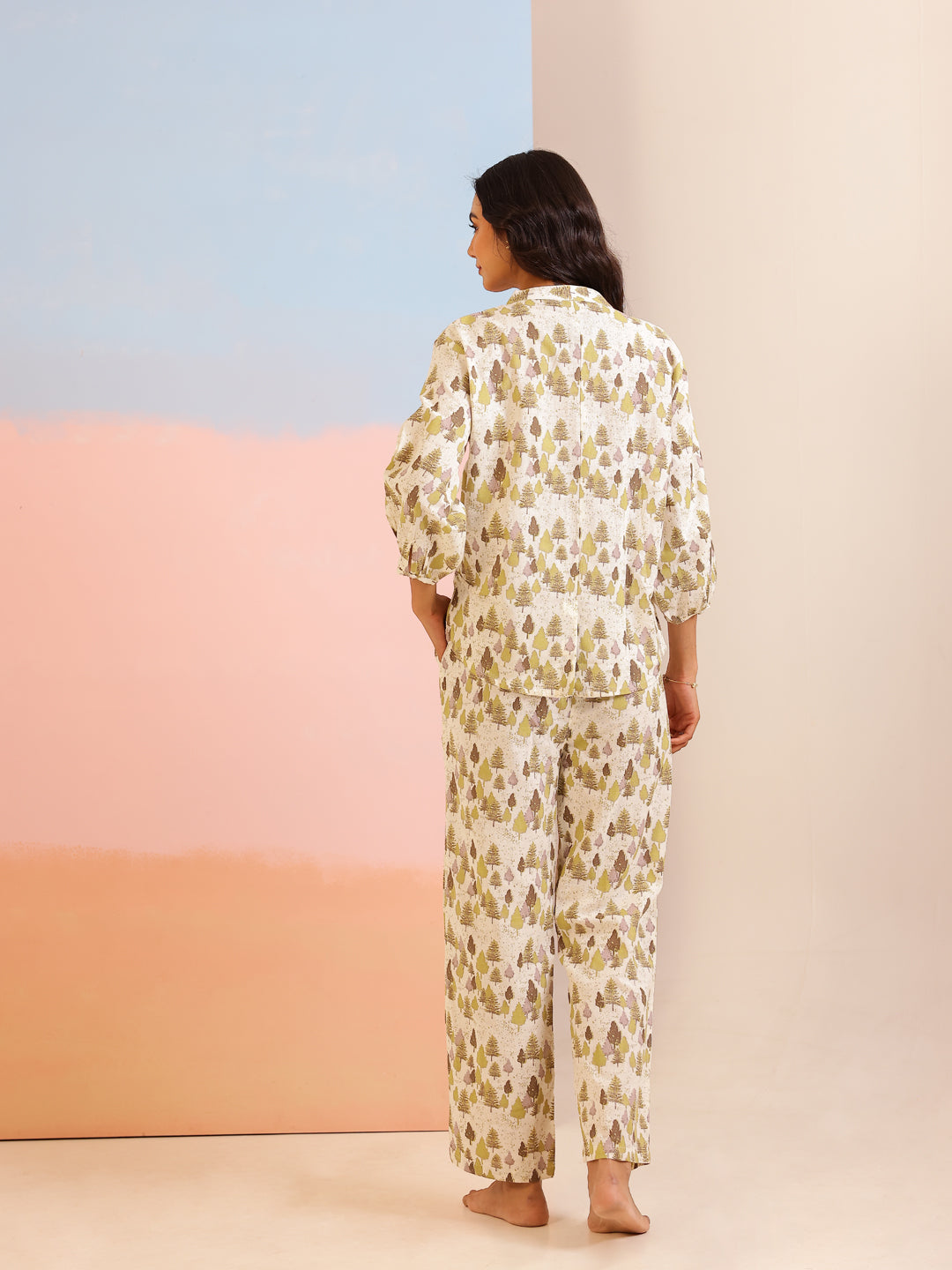 Cream Color Tropical Printed Pure Cotton Night Suit