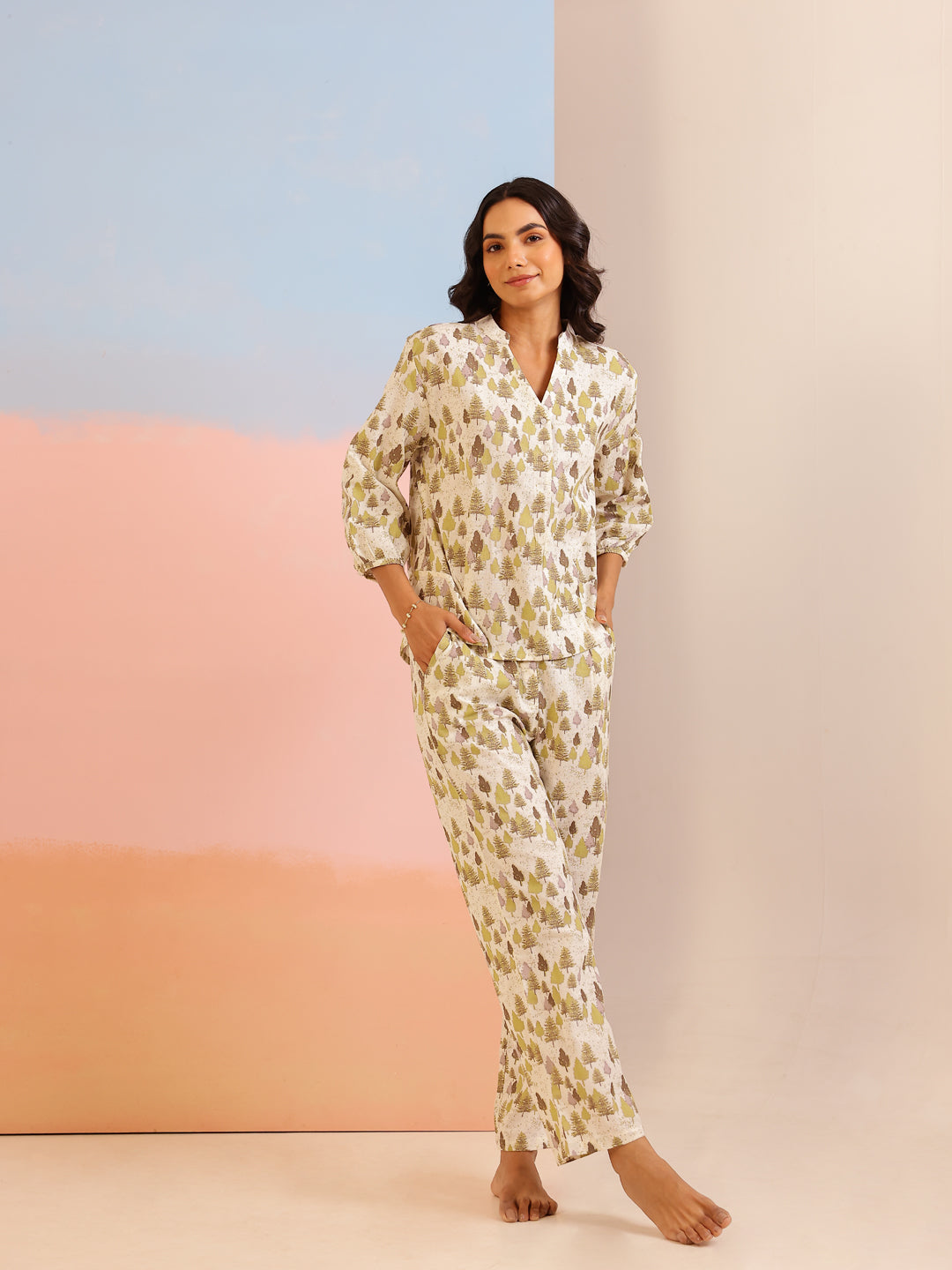 Cream Color Tropical Printed Pure Cotton Night Suit