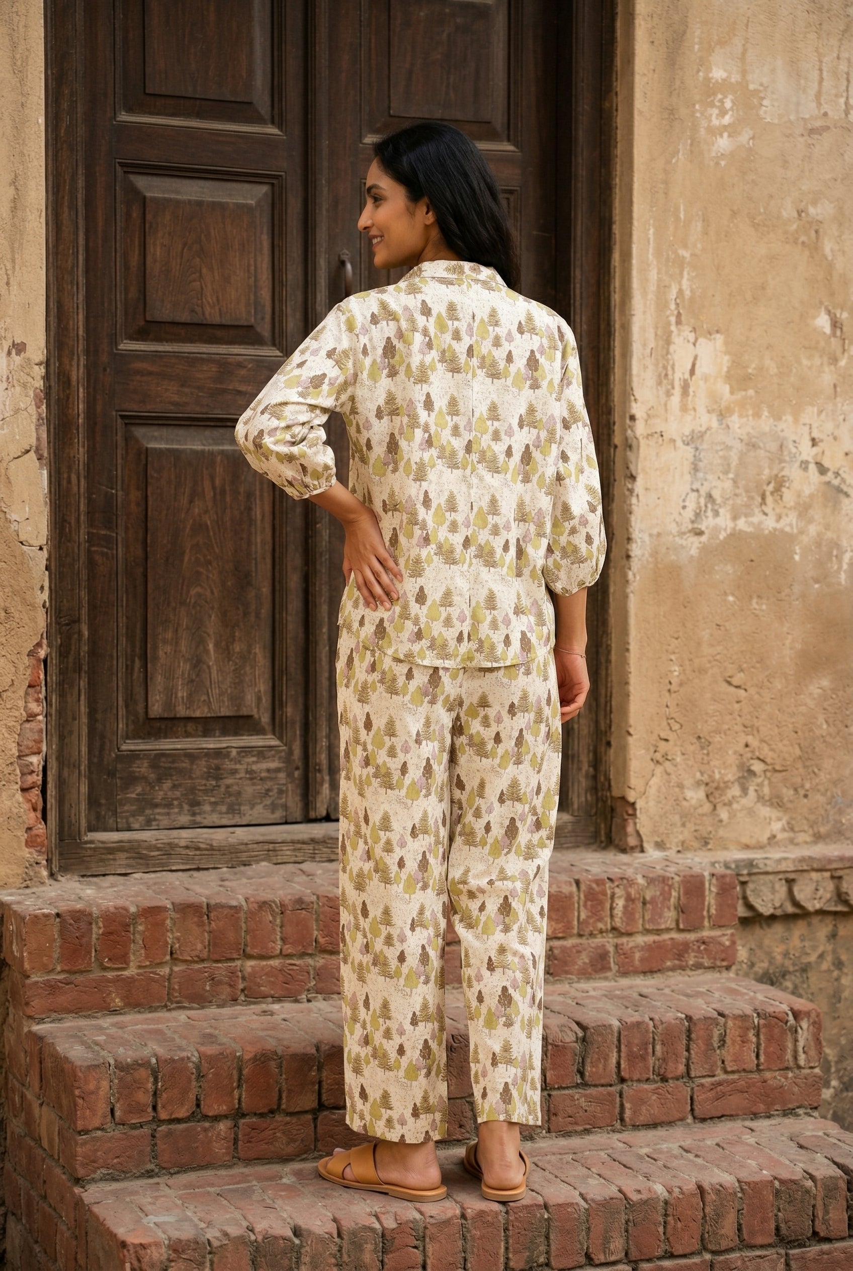 Cream V-Neck Tropical Print Pure Cotton Night Suit For Women