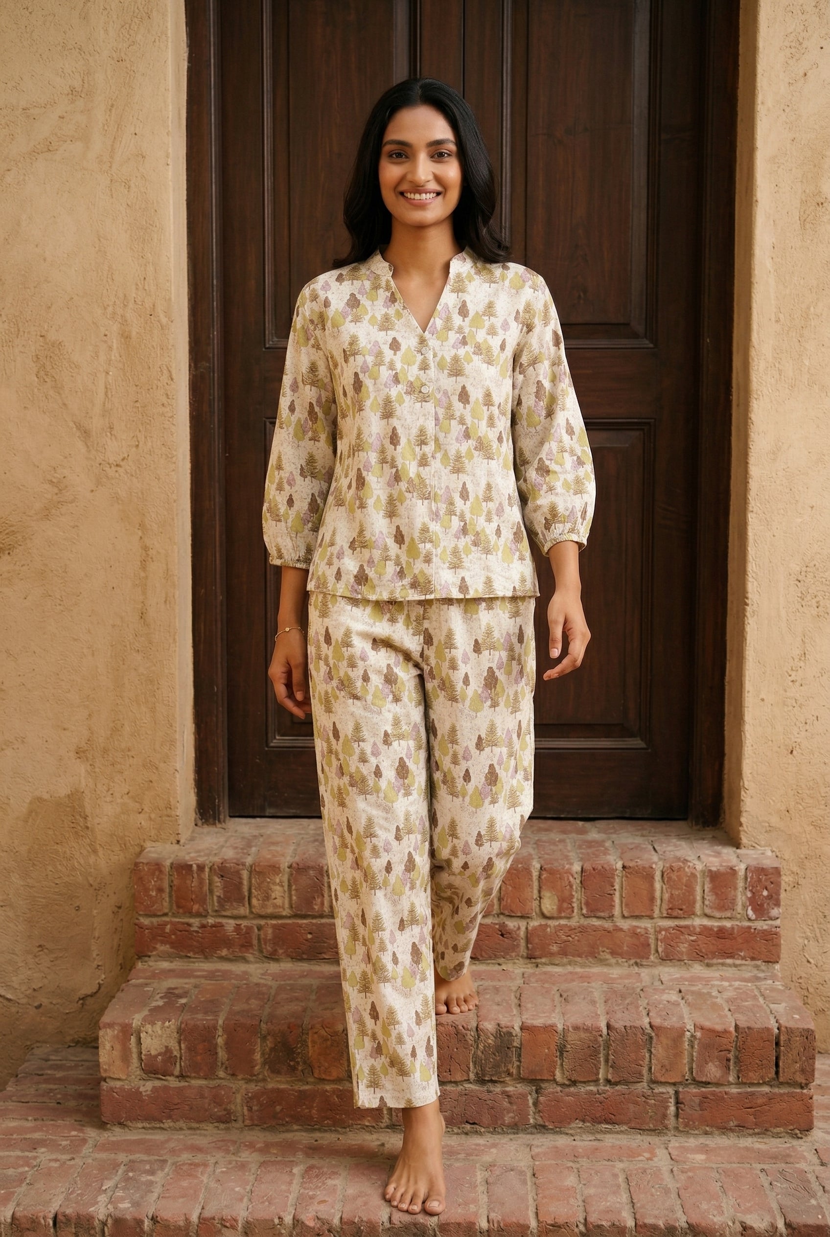 Cream V-Neck Tropical Print Pure Cotton Night Suit For Women