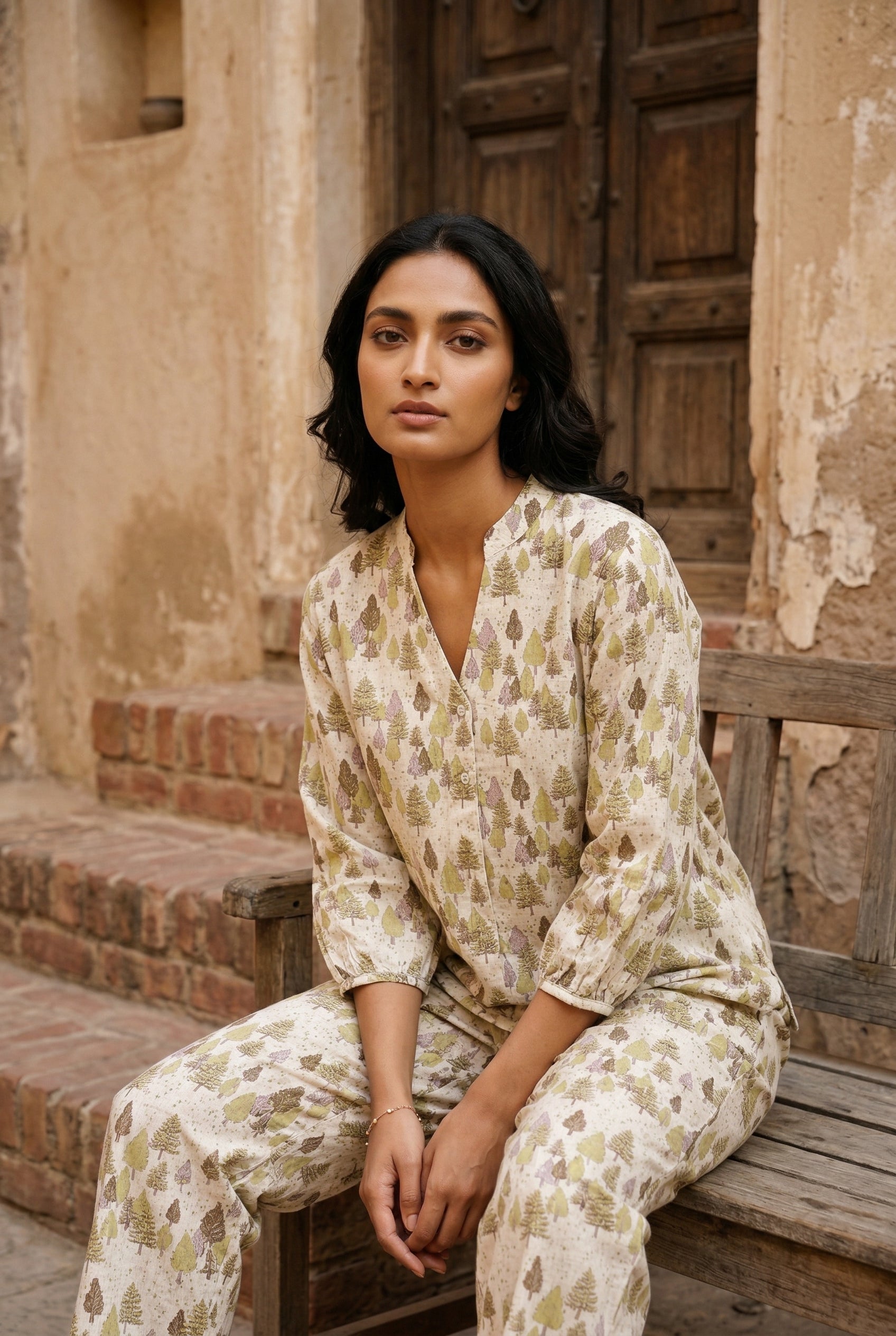 Cream V-Neck Tropical Print Pure Cotton Night Suit For Women