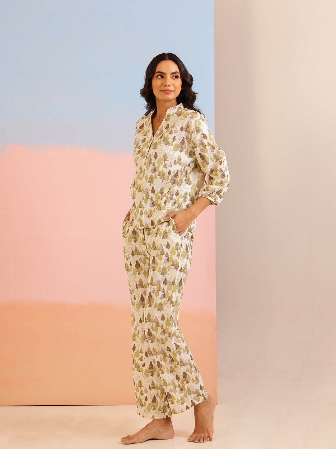 Cream Color Tropical Printed Pure Cotton Night Suit