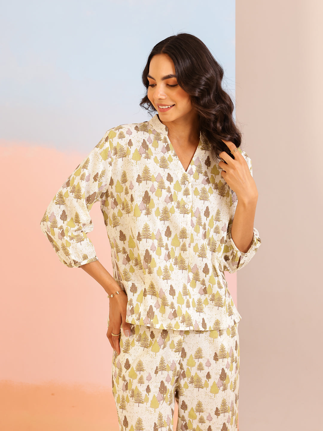 Cream Color Tropical Printed Pure Cotton Night Suit