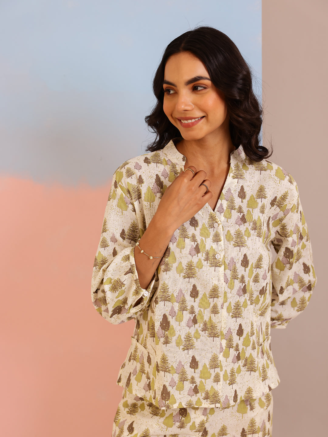 Cream Color Tropical Printed Pure Cotton Night Suit