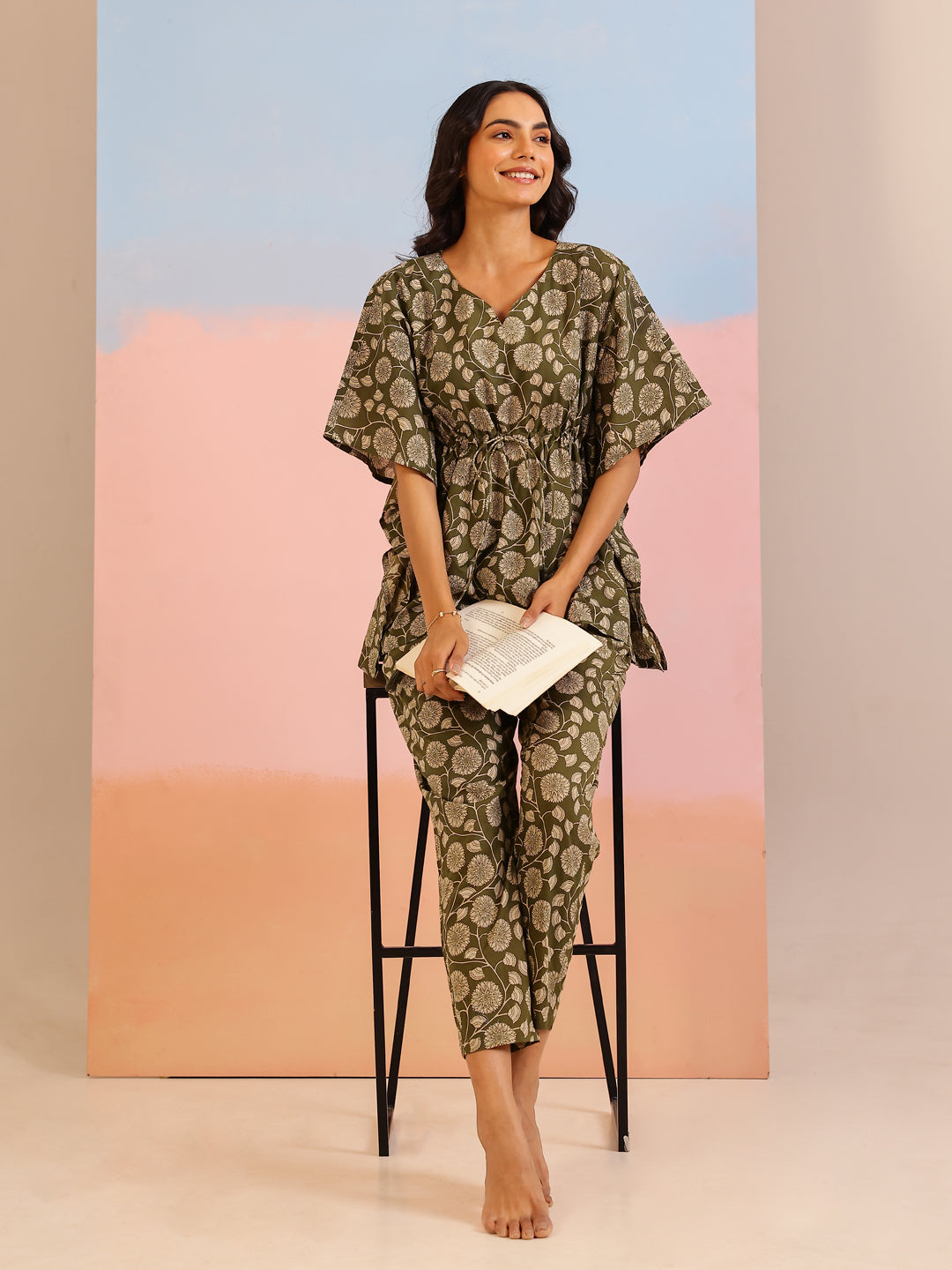 Green Floral Print V-Neck Pure Cotton Kaftan Night Suit For Women