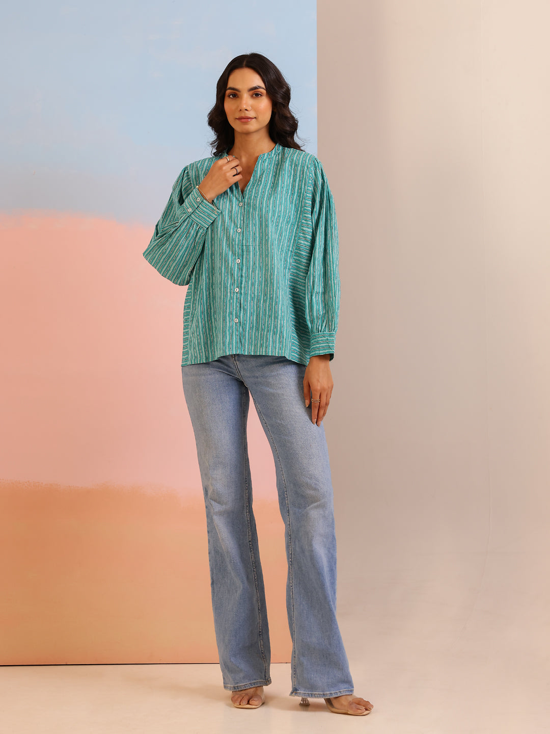 Blue Strips Printed Shirt for Women - SanskrutiHomes 