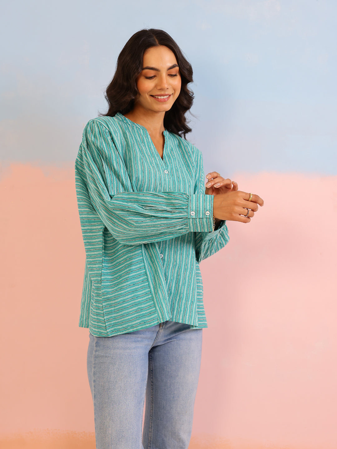 Blue Strips Printed Shirt for Women - SanskrutiHomes 