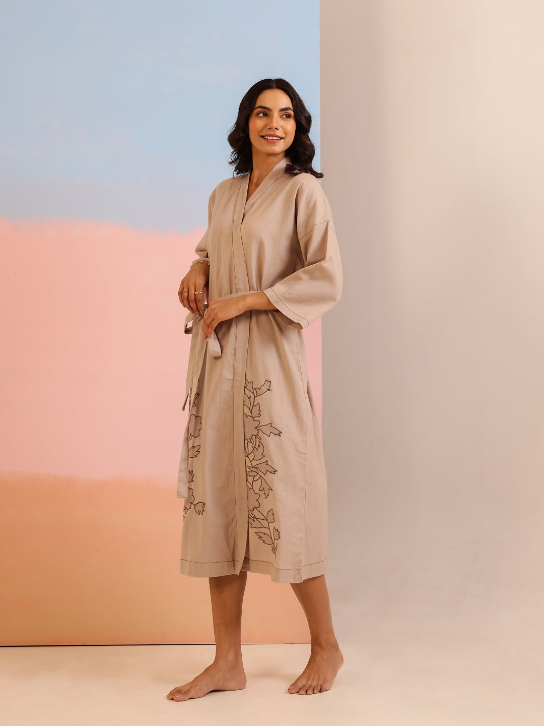 Beige Color Floral Printed Cotton Bath Robe