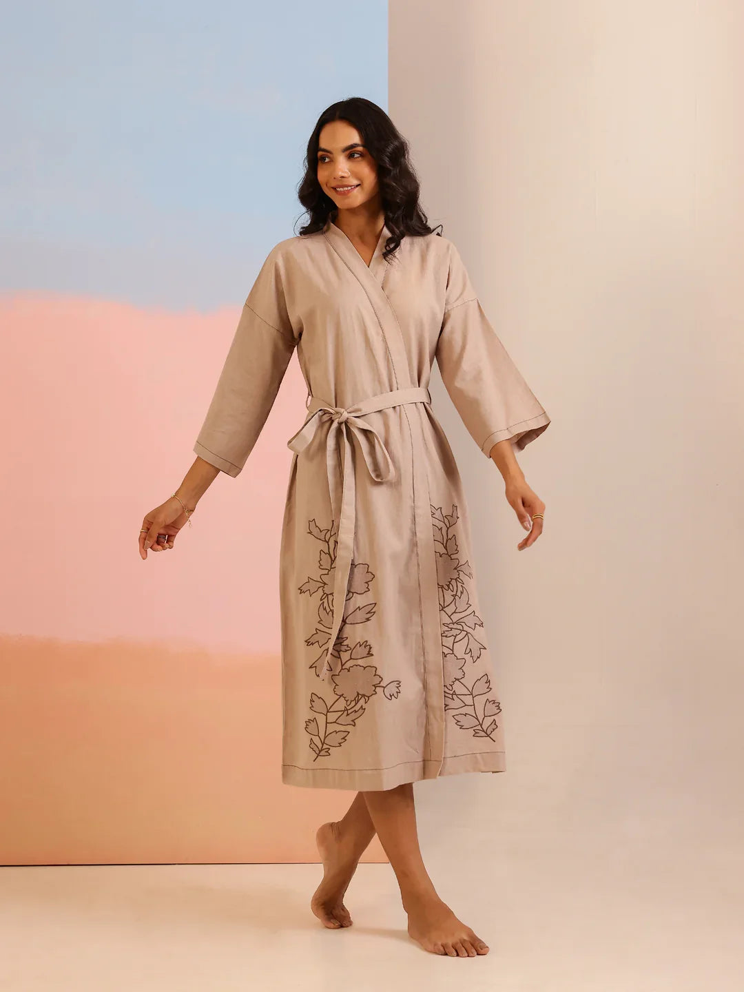 Beige Color Floral Printed Cotton Bath Robe