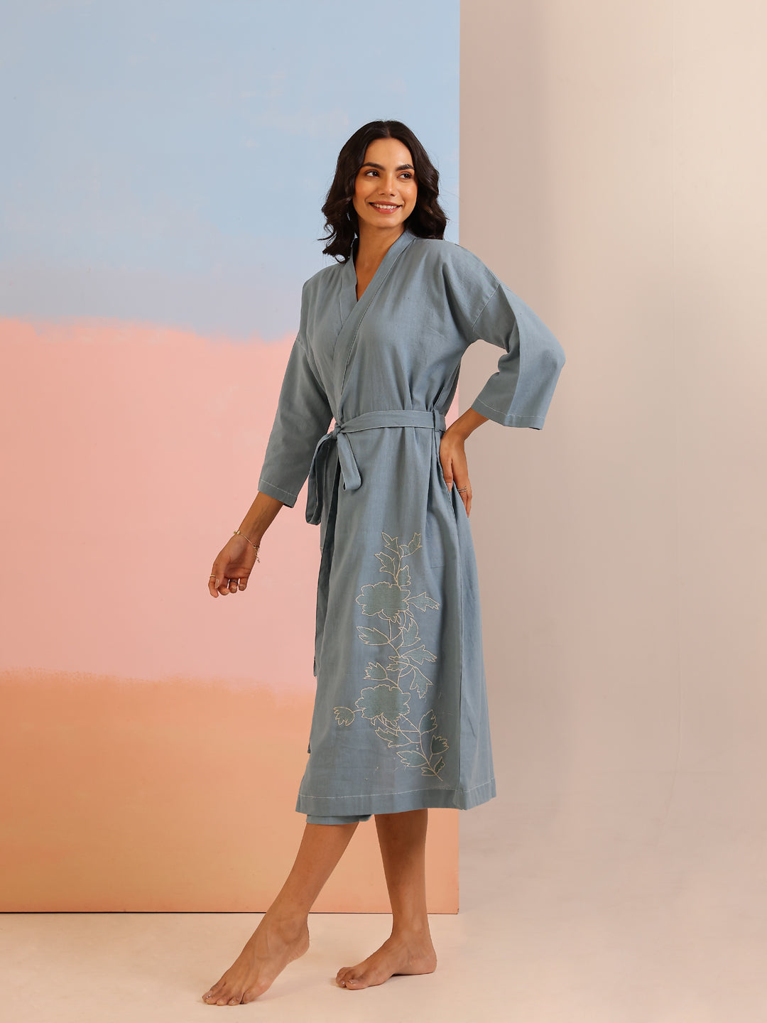 Sea Green Color Cotton Bath Robe For Women