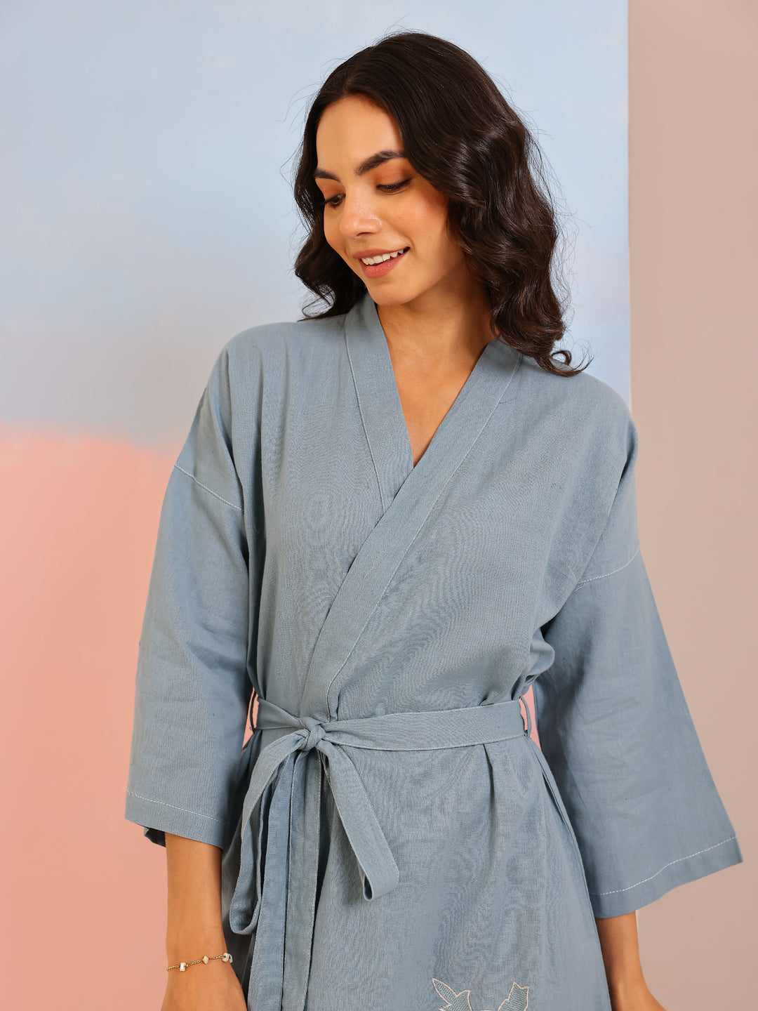 Sea Green Color Cotton Bath Robe For Women