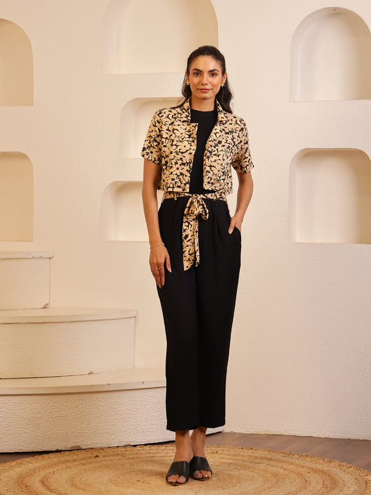 Black Viscose Rayon Round Neck Jump Suit for Women