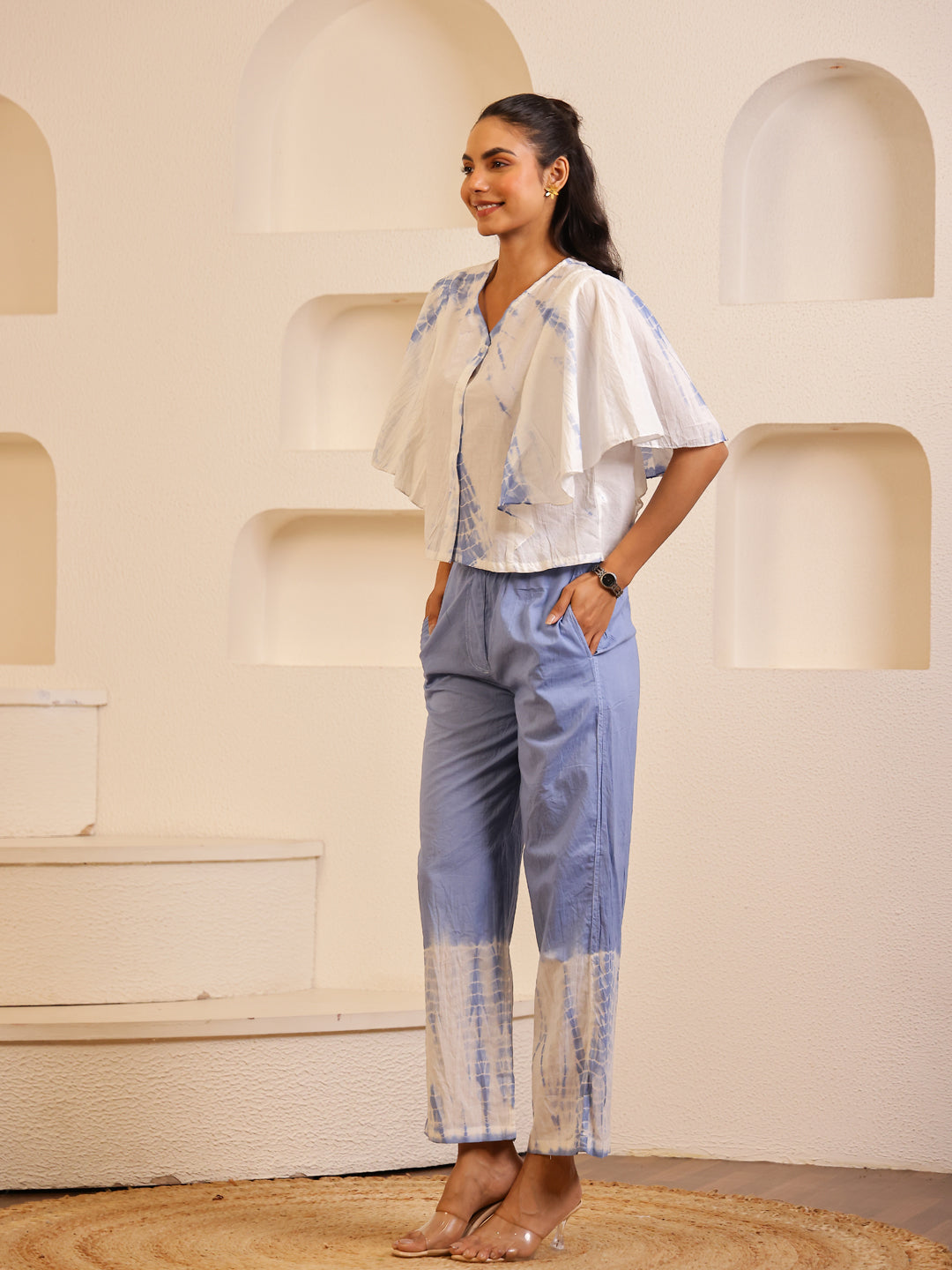 Blue Color Tie and Dye Colourblocked Pure Cotton Night Suit