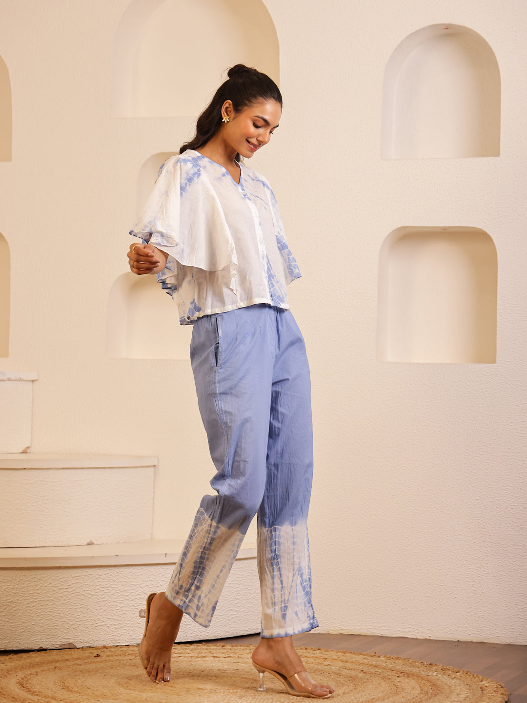 Blue Color Tie and Dye Colourblocked Pure Cotton Night Suit