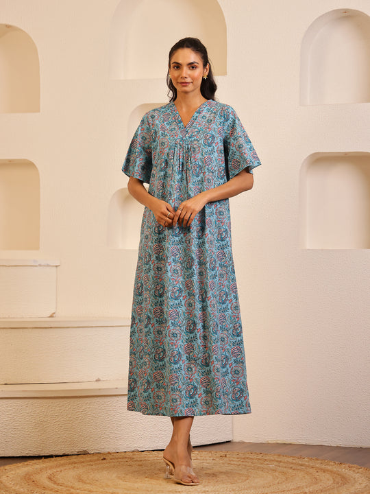 Blue Floral Printed Cotton Night Dress for Women