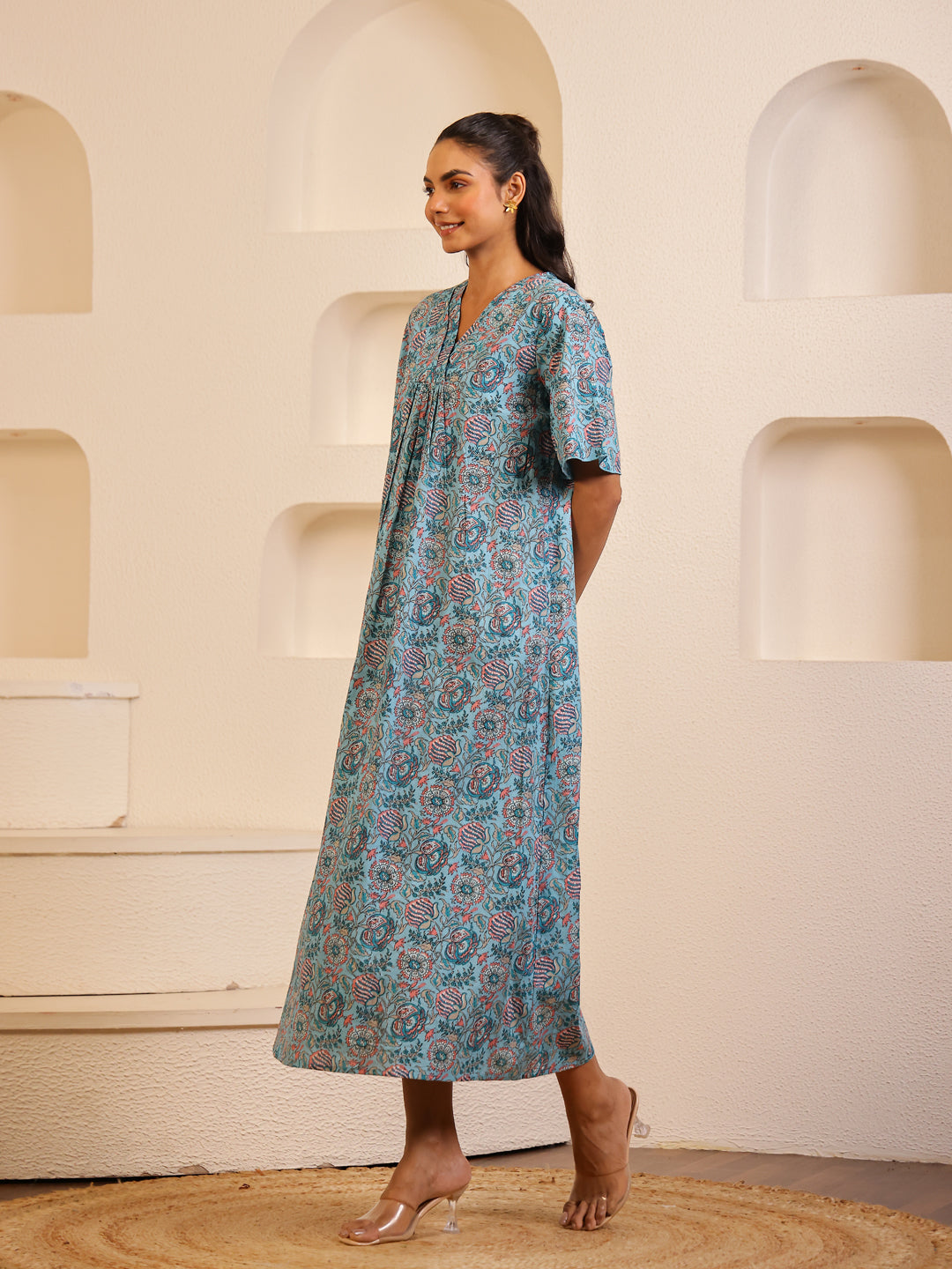 Blue Floral Printed Cotton Night Dress for Women