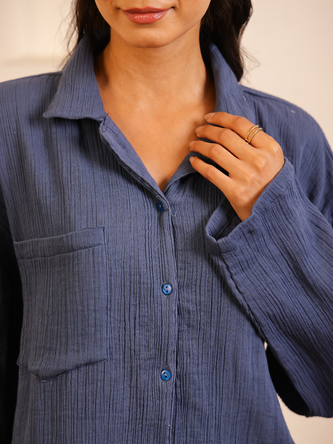 Navy Blue Lapel Collar Pure Cotton Solid Night Suit for Women