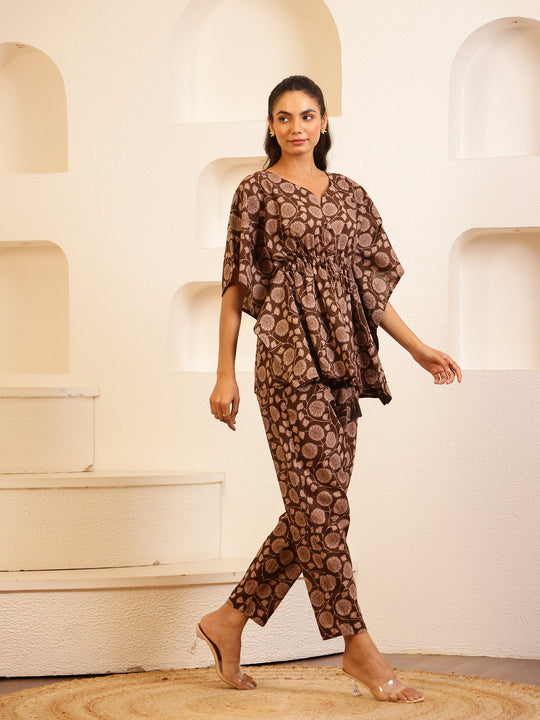 Brown V-Neck Pure Cotton Floral Printed Night Suit for Women
