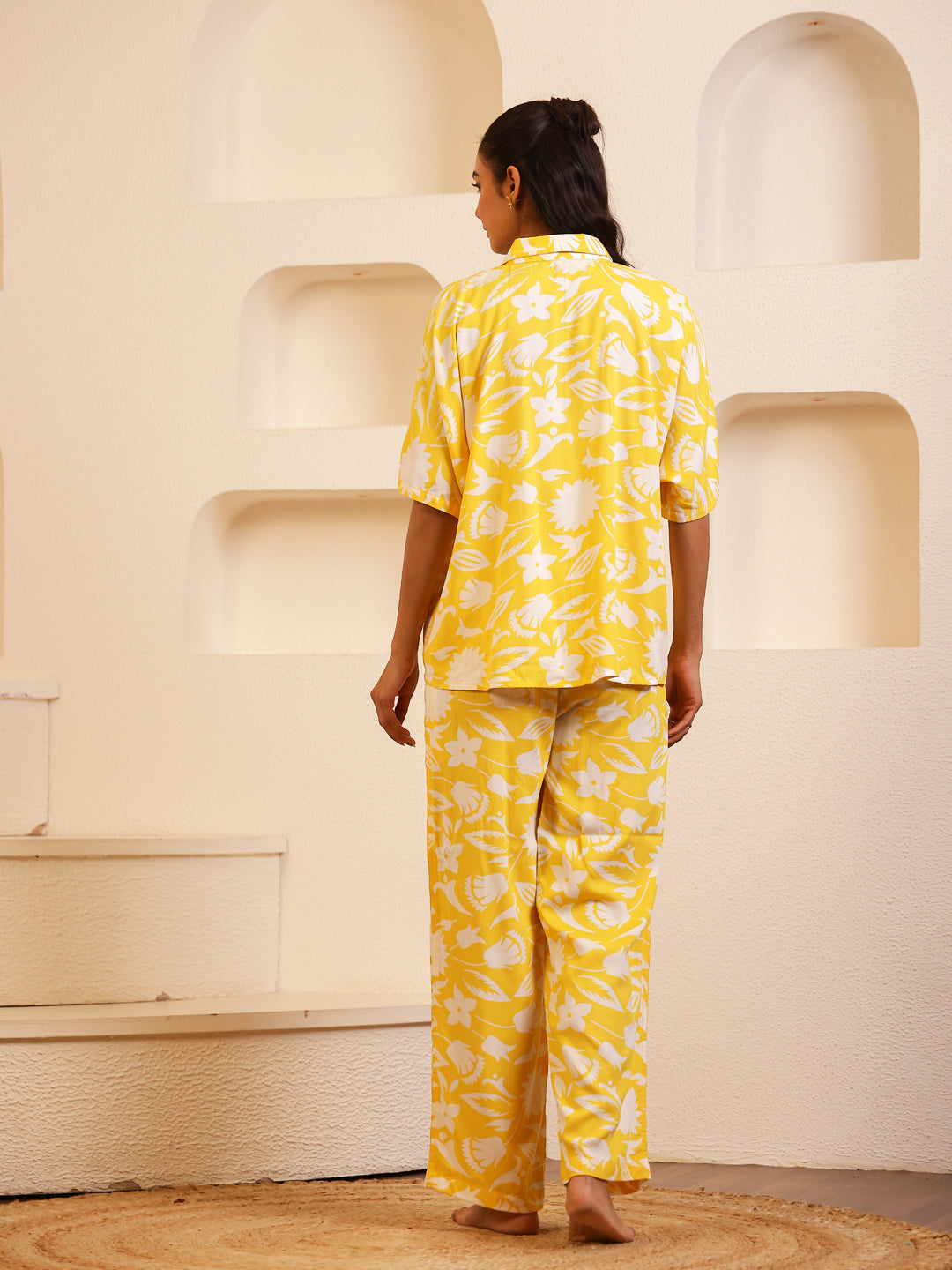 Yellow V-Neck Viscose Rayon Floral Night Suit for Women