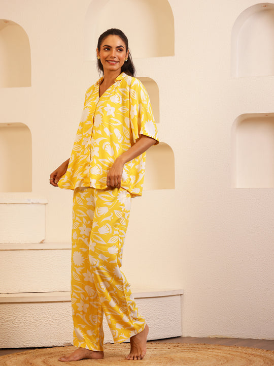 Yellow V-Neck Viscose Rayon Floral Night Suit for Women