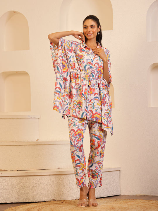Off White Color Floral Printed Pure Cotton Night Suit