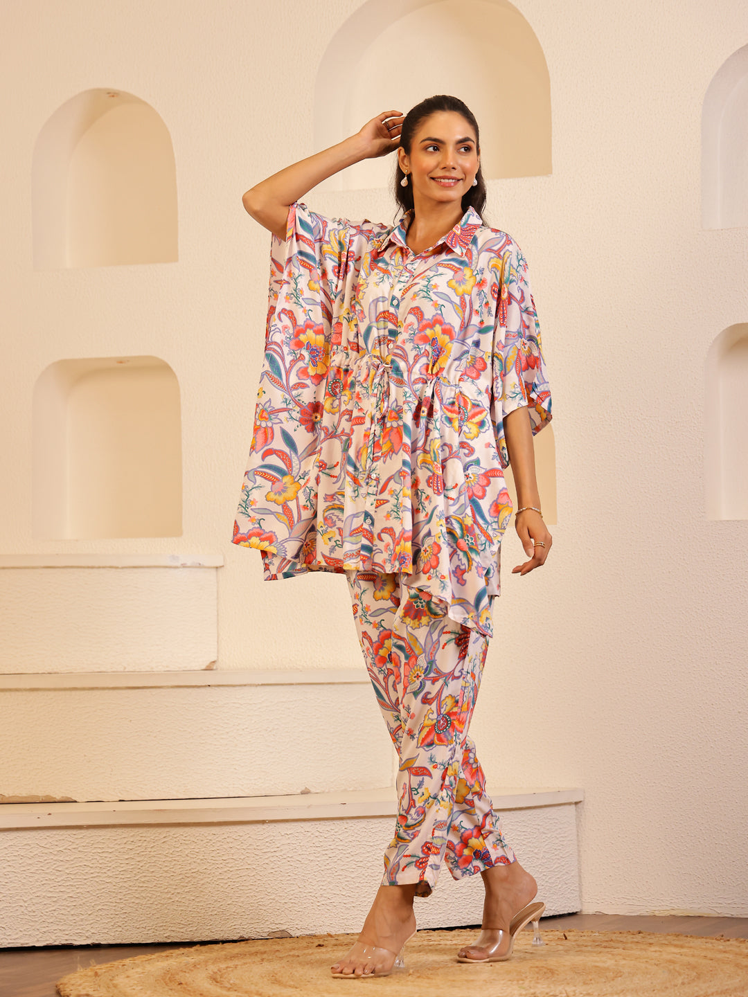Off White Color Floral Printed Pure Cotton Night Suit