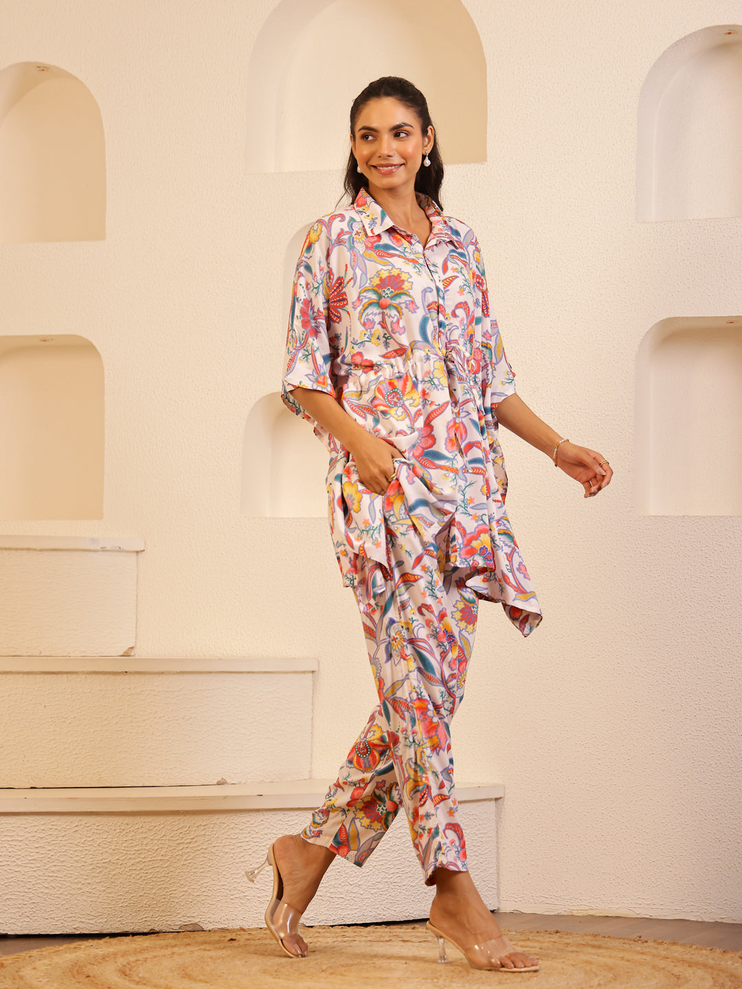 Off White Color Floral Printed Pure Cotton Night Suit