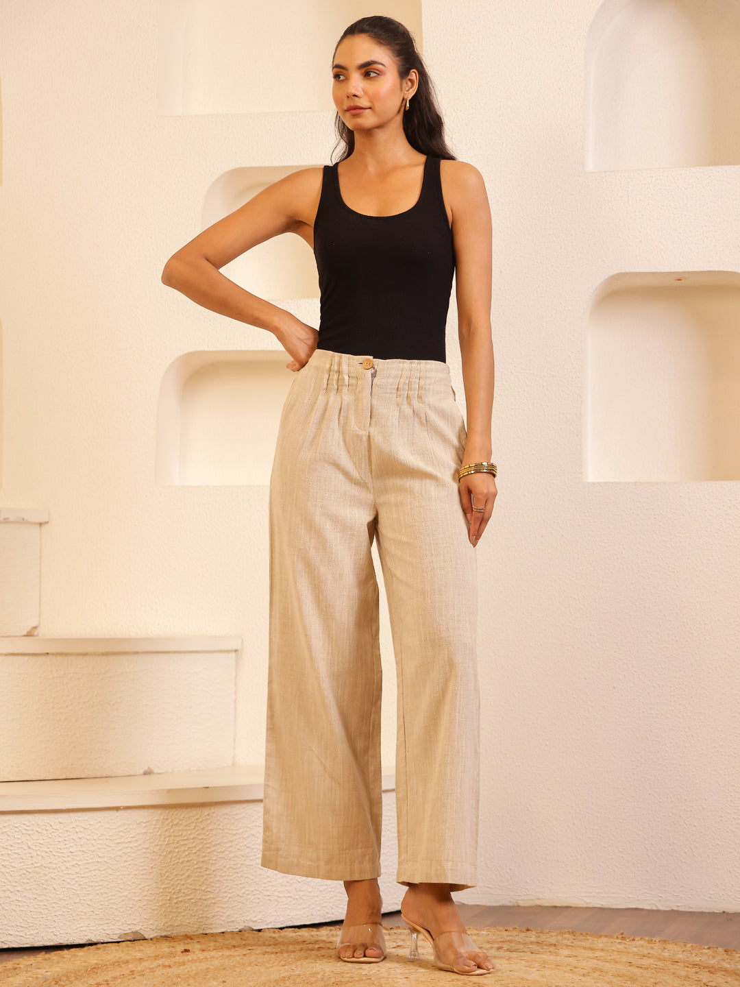 Beige Solid Lounge Pant for Women - SanskrutiHomes 