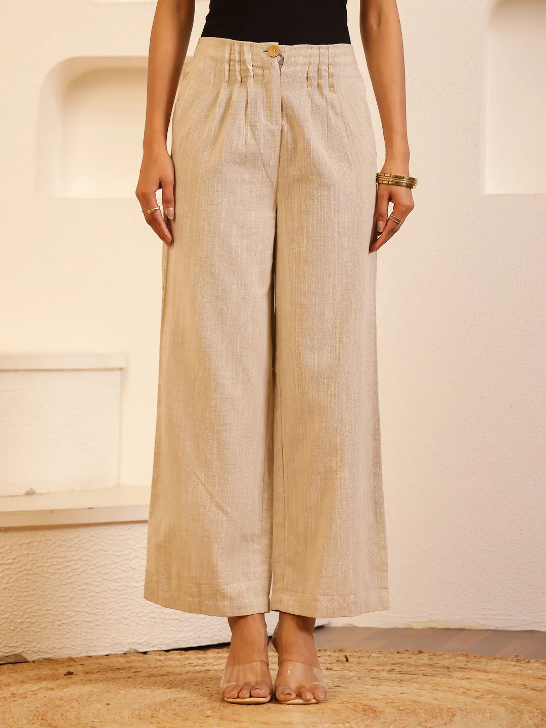 Beige Solid Lounge Pant for Women - SanskrutiHomes 