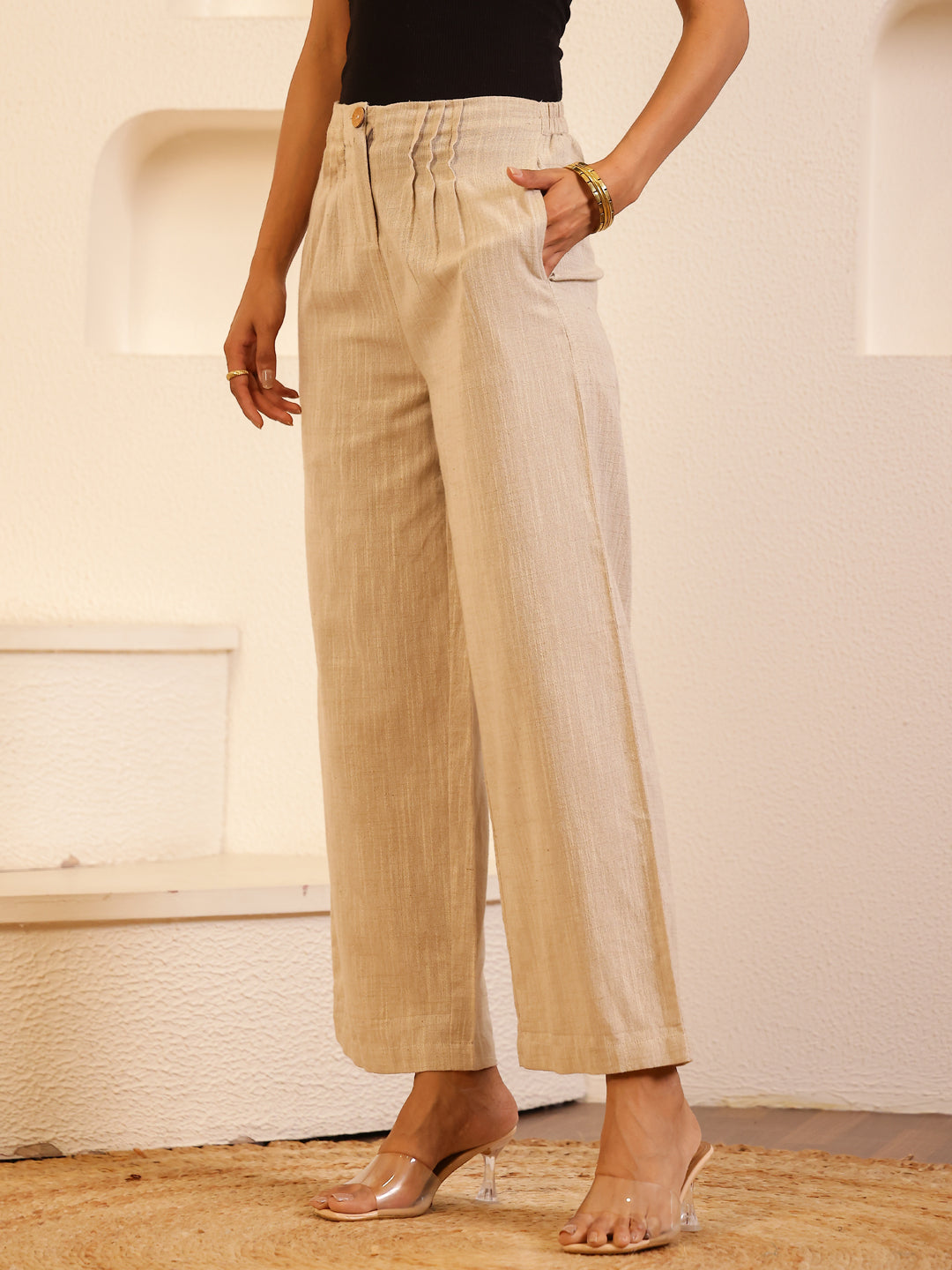 Beige Solid Lounge Pant for Women - SanskrutiHomes 