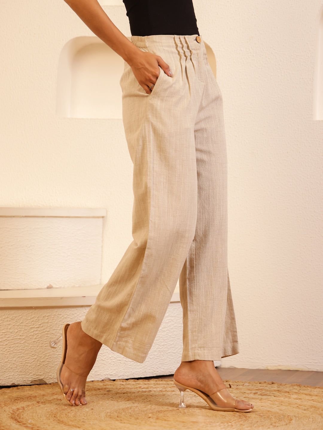 Beige Solid Lounge Pant for Women - SanskrutiHomes 